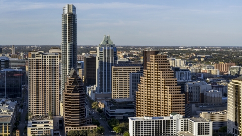 DXP002_000_0002 - Aerial stock photo of Towering skyscrapers in Downtown Austin, Texas