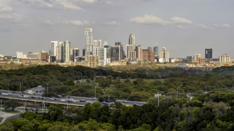 DXP002_104_0006 - Aerial stock photo of A wide view of city skyline, Downtown Austin, Texas