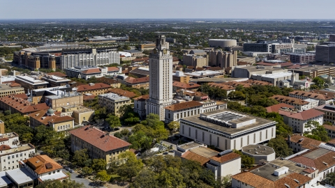 DXP002_107_0007 - Aerial stock photo of UT Tower at the center of the University of Texas, Austin, Texas