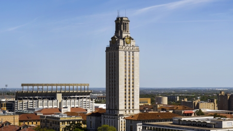 DXP002_108_0001 - Aerial stock photo of A close-up of UT Tower at the University of Texas, Austin, Texas