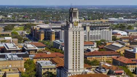DXP002_108_0002 - Aerial stock photo of Close-up view of UT Tower at the University of Texas, Austin, Texas