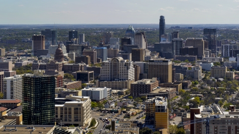 DXP002_108_0003 - Aerial stock photo of The capitol dome, office buildings and city skyline in Downtown Austin, Texas