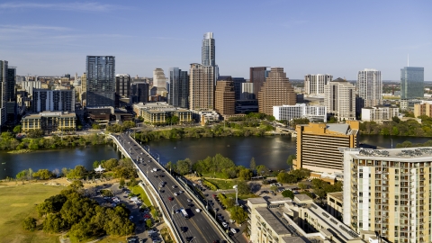 DXP002_109_0015 - Aerial stock photo of A view of the city's waterfront skyline, seen from apartment building and hotel, Downtown Austin, Texas