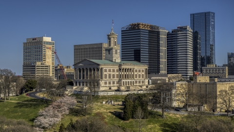 DXP002_113_0006 - Aerial stock photo of The Tennessee State Capitol building in Downtown Nashville, Tennessee
