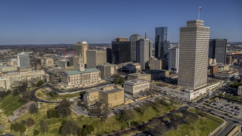 DXP002_114_0004 - Aerial stock photo of A view of the Tennessee State Capitol, skyscrapers, and Tennessee Tower in Downtown Nashville, Tennessee
