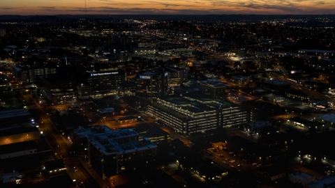 DXP002_115_0016 - Aerial stock photo of A view of a hospital complex at twilight, Nashville, Tennessee