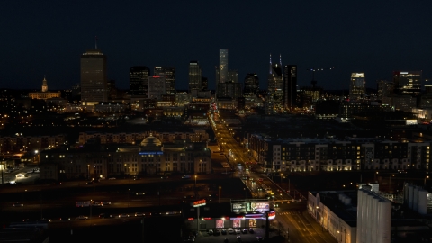 DXP002_115_0019 - Aerial stock photo of The city skyline at night seen from Church Street, Downtown Nashville, Tennessee