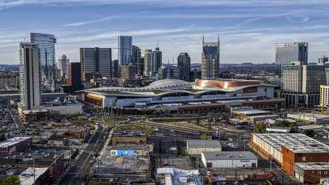 DXP002_119_0006 - Aerial stock photo of The Nashville Music City Center near the city's skyline, Downtown Nashville, Tennessee