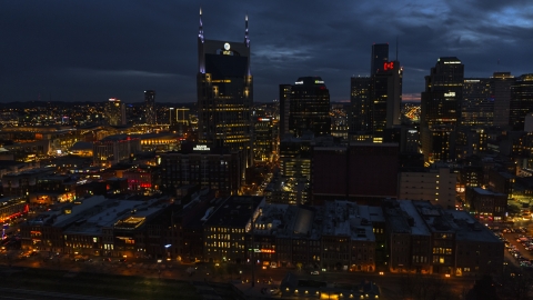 DXP002_121_0006 - Aerial stock photo of A view of the AT&T Building and skyline at twilight, Downtown Nashville, Tennessee