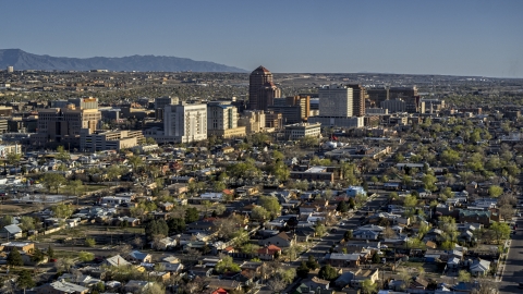 DXP002_122_0003 - Aerial stock photo of The city's high-rises seen from neighborhoods in Downtown Albuquerque, New Mexico