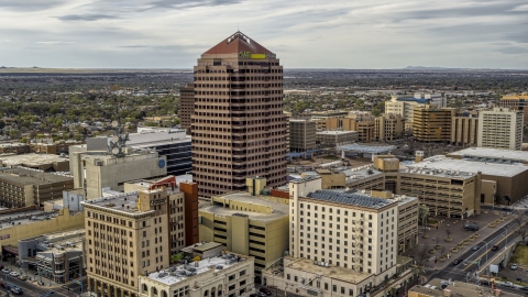DXP002_127_0004 - Aerial stock photo of A view of Albuquerque Plaza and neighboring city buildings in Downtown Albuquerque, New Mexico