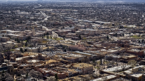 DXP002_129_0012 - Aerial stock photo of City buildings in the downtown area of Santa Fe, New Mexico