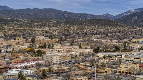 DXP002_129_0018 - Aerial stock photo of The Bataan Memorial Building near capitol building, Santa Fe, New Mexico