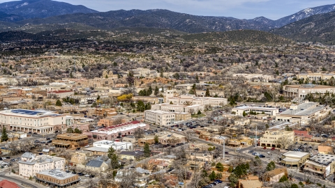 DXP002_130_0003 - Aerial stock photo of Bataan Memorial Building and city buildings in Santa Fe, New Mexico