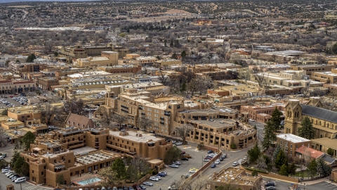 DXP002_130_0009 - Aerial stock photo of A view of two hotels in Santa Fe, New Mexico
