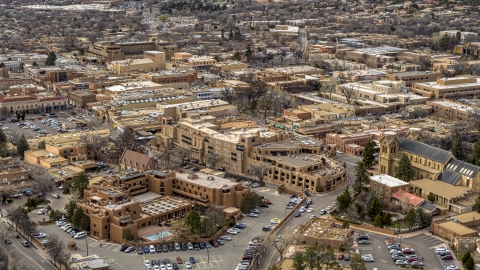 DXP002_130_0010 - Aerial stock photo of Two downtown hotels in Santa Fe, New Mexico
