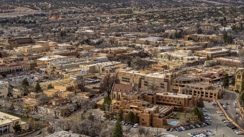 DXP002_130_0013 - Aerial stock photo of Downtown hotels in Santa Fe, New Mexico