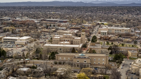 DXP002_130_0014 - Aerial stock photo of The Bataan Memorial Building in downtown, Santa Fe, New Mexico
