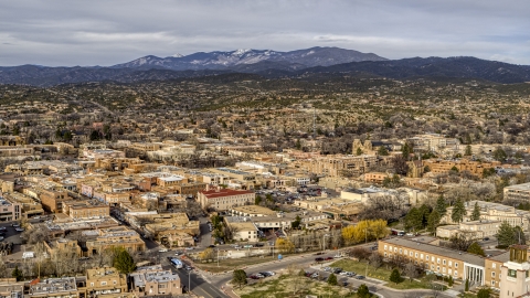 DXP002_131_0009 - Aerial stock photo of A wide view of the downtown area of Santa Fe, New Mexico