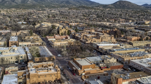 DXP002_131_0012 - Aerial stock photo of Santa Fe Plaza in downtown, Santa Fe, New Mexico