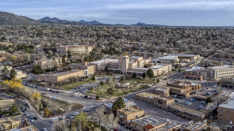 DXP002_131_0013 - Aerial stock photo of The state capitol and the Bataan Memorial Building in Santa Fe, New Mexico