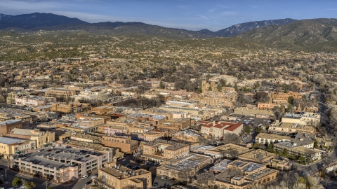 DXP002_132_0001 - Aerial stock photo of A view across downtown buildings in Santa Fe, New Mexico