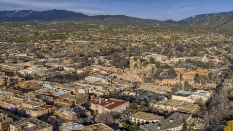 DXP002_132_0002 - Aerial stock photo of The downtown area of Santa Fe, New Mexico