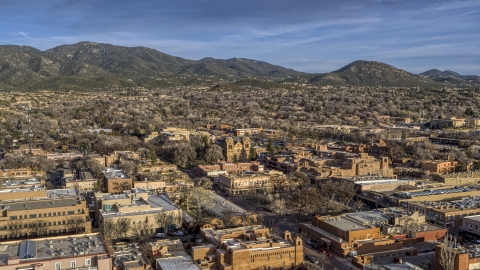 DXP002_132_0003 - Aerial stock photo of The cathedral seen from near Santa Fe Plaza, Santa Fe, New Mexico