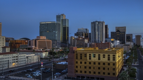 DXP002_143_0009 - Aerial stock photo of High-rise office buildings at twilight, Downtown Phoenix, Arizona
