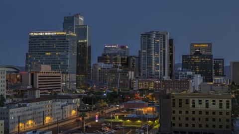 DXP002_143_0011 - Aerial stock photo of Towering high-rise office buildings at twilight, Downtown Phoenix, Arizona