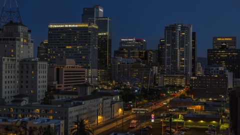 DXP002_143_0013 - Aerial stock photo of Tall high-rise office buildings near Westward Ho building at twilight, Downtown Phoenix, Arizona