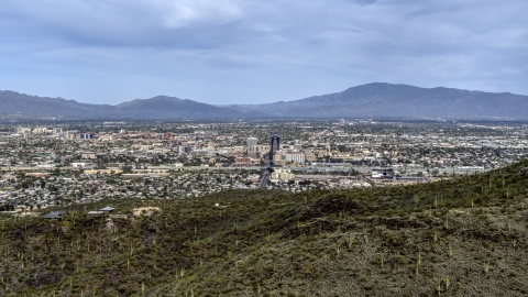 DXP002_145_0003 - Aerial stock photo of A view of the city of Tucson seen from Sentinel Peak, Arizona