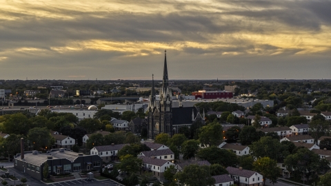 DXP002_150_0006 - Aerial stock photo of Church steeples at twilight, Milwaukee, Wisconsin