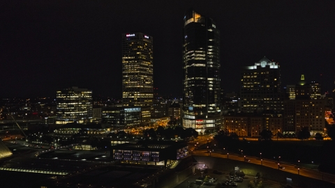 DXP002_157_0001 - Aerial stock photo of Tall skyscrapers at night, Downtown Milwaukee, Wisconsin