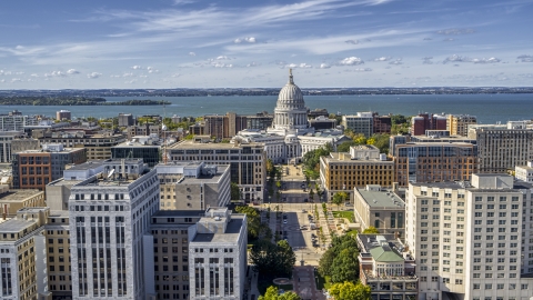 DXP002_158_0004 - Aerial stock photo of The capitol dome and office buildings, Madison, Wisconsin