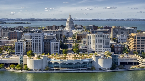 DXP002_160_0001 - Aerial stock photo of The capitol and the waterfront convention center, Madison, Wisconsin