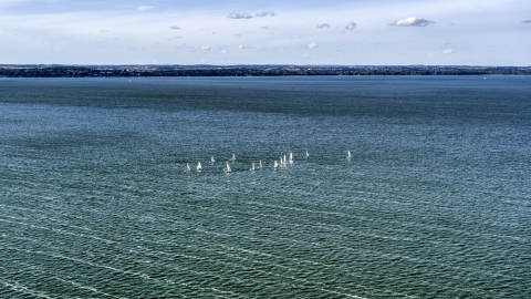 DXP002_160_0004 - Aerial stock photo of Sailboats on Lake Mendota, Madison, Wisconsin