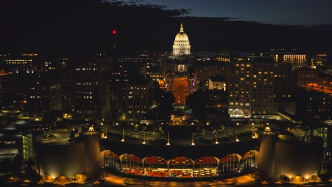 DXP002_162_0002 - Aerial stock photo of The convention center and the capitol at night, Madison, Wisconsin