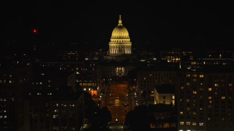DXP002_162_0004 - Aerial stock photo of A view of the capital dome at night, Madison, Wisconsin