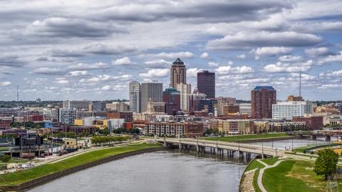 DXP002_165_0012 - Aerial stock photo of Cedar River bridge and a view of skyline, Downtown Des Moines, Iowa