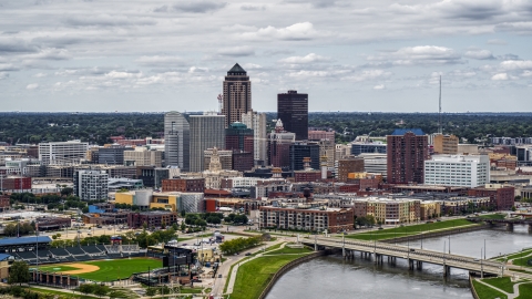 DXP002_165_0018 - Aerial stock photo of A view of the Cedar River and skyline of Downtown Des Moines, Iowa