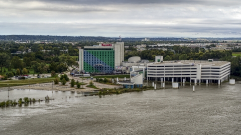 DXP002_169_0012 - Aerial stock photo of The hotel and casino in Council Bluffs, Iowa, seen from the river