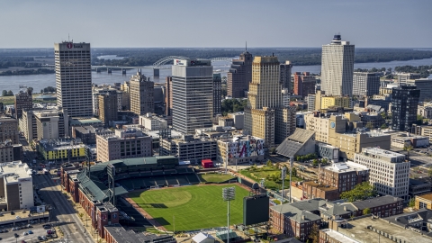 DXP002_179_0001 - Aerial stock photo of A view of tall office towers and a baseball stadium in Downtown Memphis, Tennessee