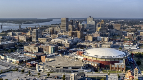 DXP002_180_0005 - Aerial stock photo of FedEx Forum arena and city skyline at sunset, Downtown Memphis, Tennessee