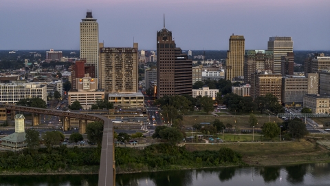 DXP002_181_0004 - Aerial stock photo of Apartment and office high-rises at sunset in Downtown Memphis, Tennessee