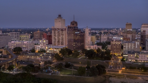 DXP002_182_0001 - Aerial stock photo of Office high-rises at twilight in Downtown Memphis, Tennessee