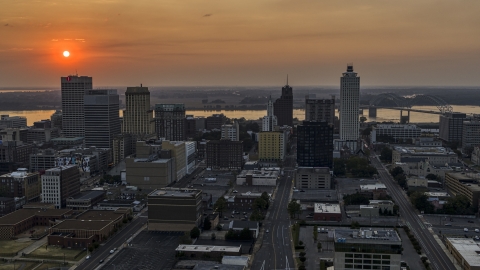 DXP002_186_0003 - Aerial stock photo of The downtown skyline and the setting sun, Downtown Memphis, Tennessee