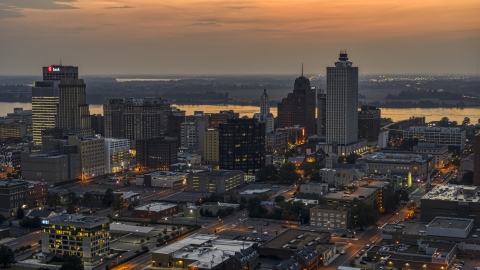 DXP002_187_0002 - Aerial stock photo of A view of the city's downtown skyline at twilight, Downtown Memphis, Tennessee