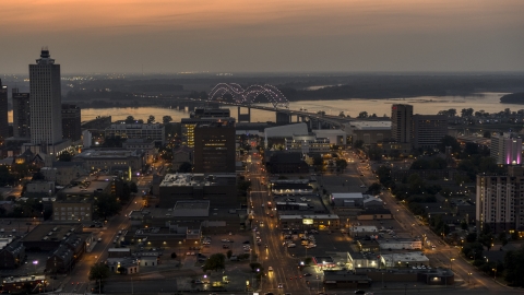 DXP002_187_0003 - Aerial stock photo of The Hernando de Soto Bridge, seen from Downtown Memphis, Tennessee at twilight