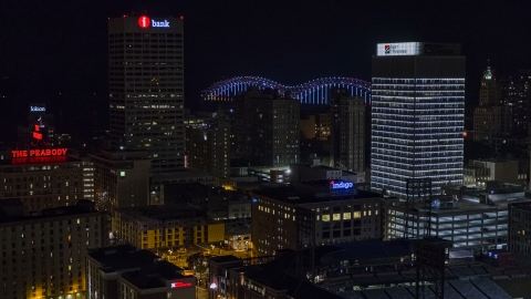 DXP002_188_0003 - Aerial stock photo of City buildings between office towers at nighttime, Downtown Memphis, Tennessee